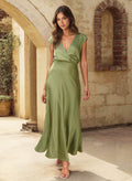 A-Line Plunge Neck Cape Sleeves Ankle-Length Stretch Satin Bridesmaid Dresses