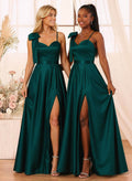 A-Line Sweetheart Floor-Length Satin Bridesmaid Dresses With Bow(s)/High Split