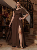 A-Line One-Shoulder Cape Sleeves Floor-Length Stretch Satin Mother Of The Bride Dresses With Flower(s)/High Split