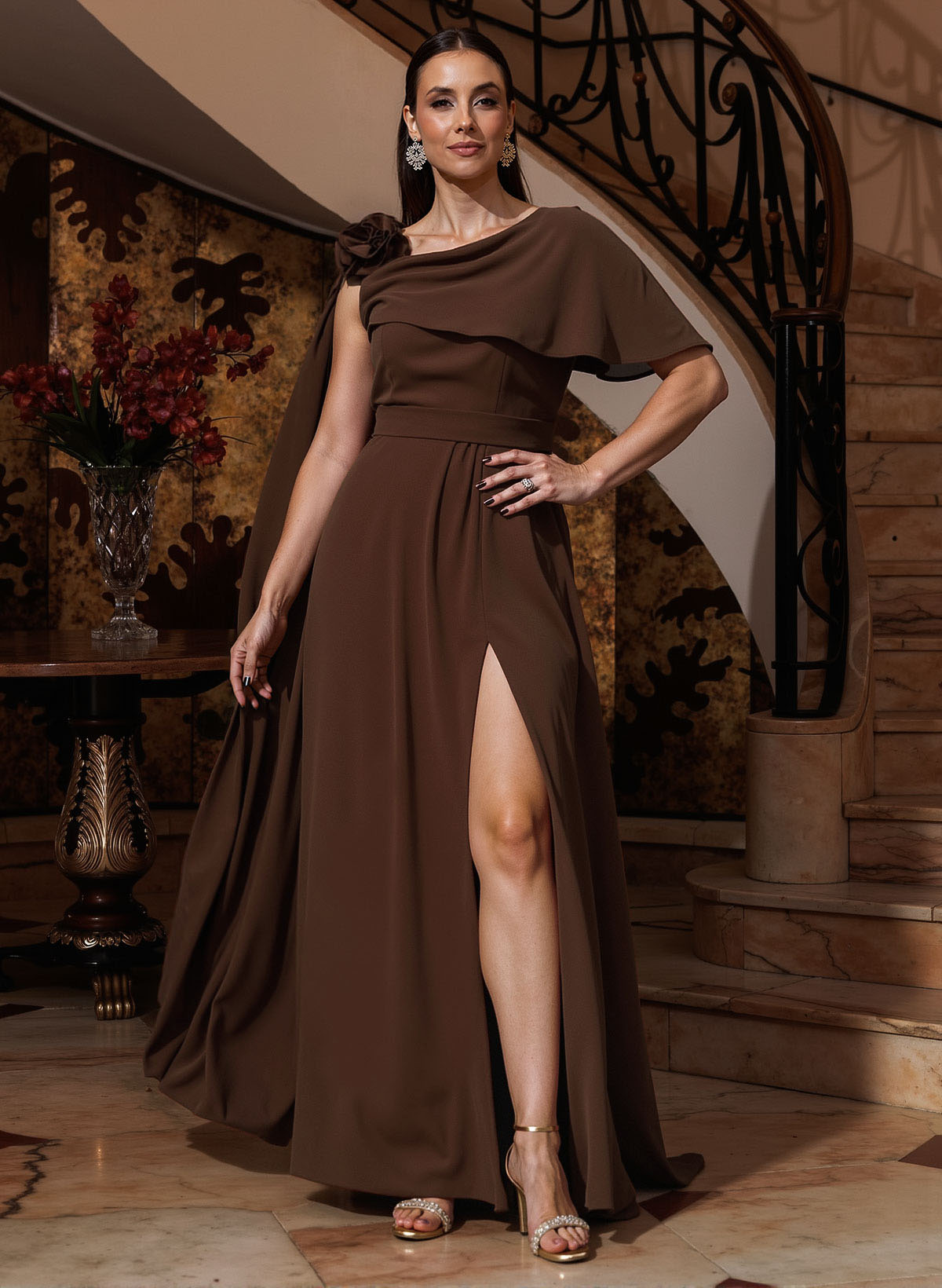 A-Line One-Shoulder Cape Sleeves Floor-Length Stretch Satin Mother Of The Bride Dresses With Flower(s)/High Split