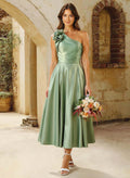 A-Line One-Shoulder Sleeveless Knee-Length Satin Bridesmaid Dresses With Flower