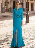 Trumpet/Mermaid V-Neck 3/4 Sleeves Sweep Train Elastic Satin Mother Of The Bride Dresses With Split Front/Flower(s)