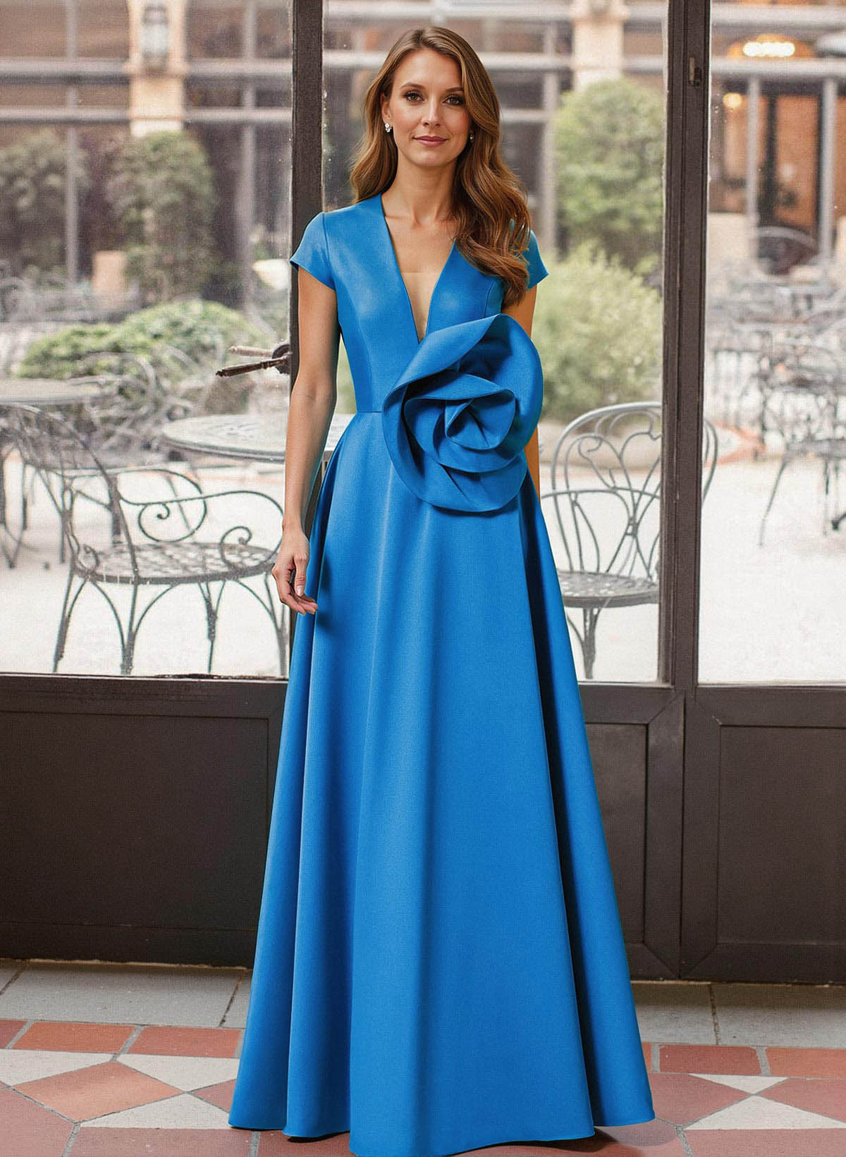 A-Line Plunge Neck Cape Sleeves Floor-Length Satin Mother Of The Bride Dresses With Flower(s)