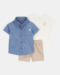 Conjunto tres piezas de algodón, pantalón corto, camisa y camiseta, diseño tropical