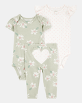 Conjunto tres piezas algodón pantalón y dos bodies diseño corazones