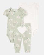 Conjunto tres piezas algodón pantalón y dos bodies diseño corazones