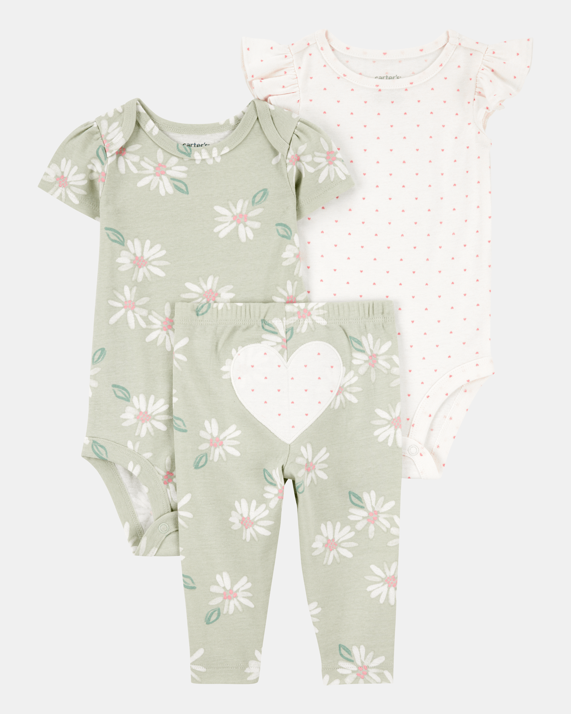 Conjunto tres piezas algodón pantalón y dos bodies diseño corazones