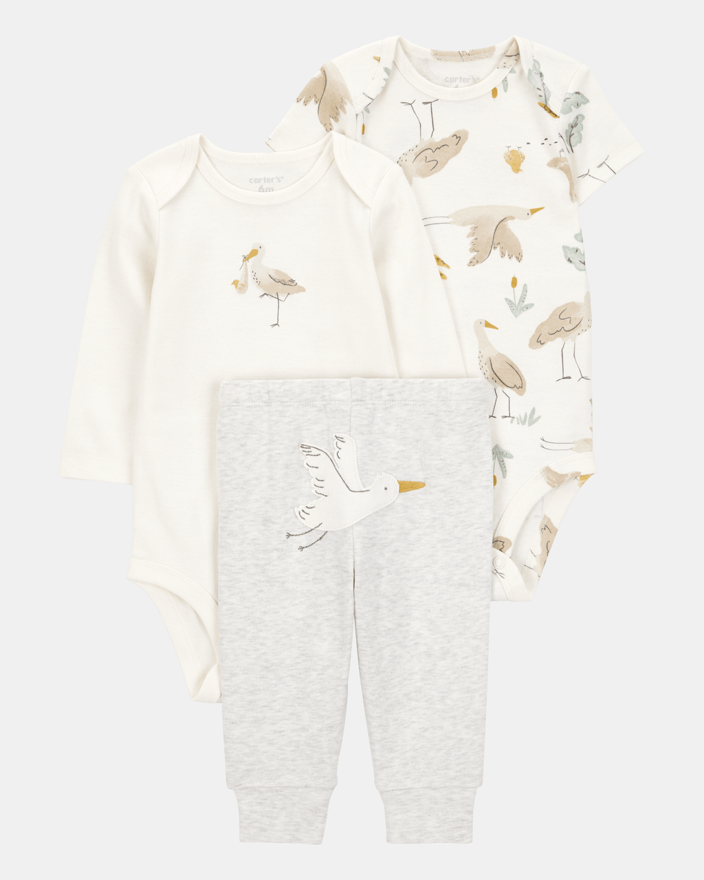 Conjunto tres piezas algodón pantalón y dos bodies diseño aves