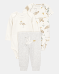 Conjunto tres piezas algodón pantalón y dos bodies diseño aves