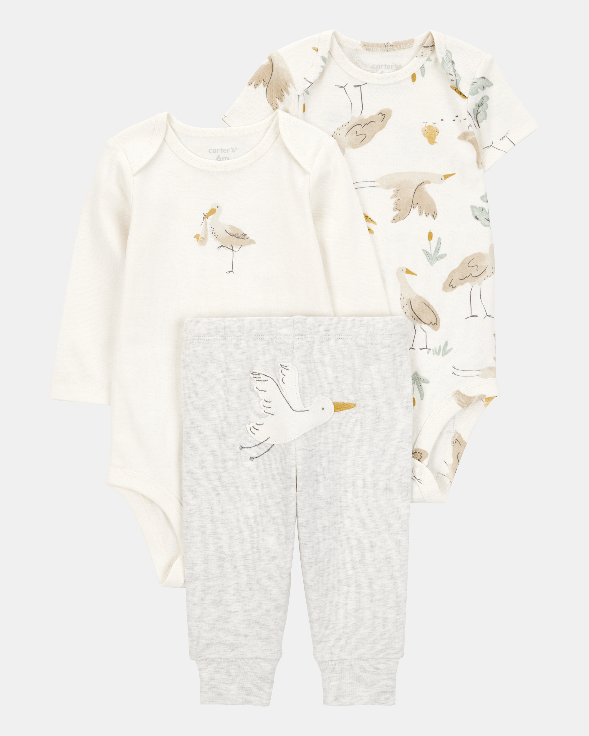 Conjunto tres piezas algodón pantalón y dos bodies diseño aves