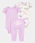 Conjunto tres piezas algodón pantalón y dos bodies diseño dinos