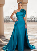 A-Line One-Shoulder Sweep Train Satin Mother Of The Bride Dresses With Flower(s)