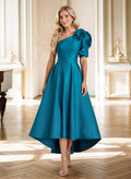 A-Line One-Shoulder Tea-Length Satin Evening Dresses With Flower(s)