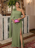 Elegant One-Shoulder Cape Sleeves Floor-Length Chiffon Evening Dresses With Flower(s)/High Split
