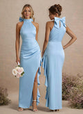 Unique Bow(s) High Neck Ruffle High Split Floor-Length Satin Bridesmaid Dresses