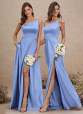 Classic One-Shoulder A-Line High Split Floor-Length Satin Bridesmaid Dresses