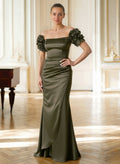Elegant Off-The-Shoulder Sleeveless Floor-Length Acetate Satin Evening Dresses With Ruffle