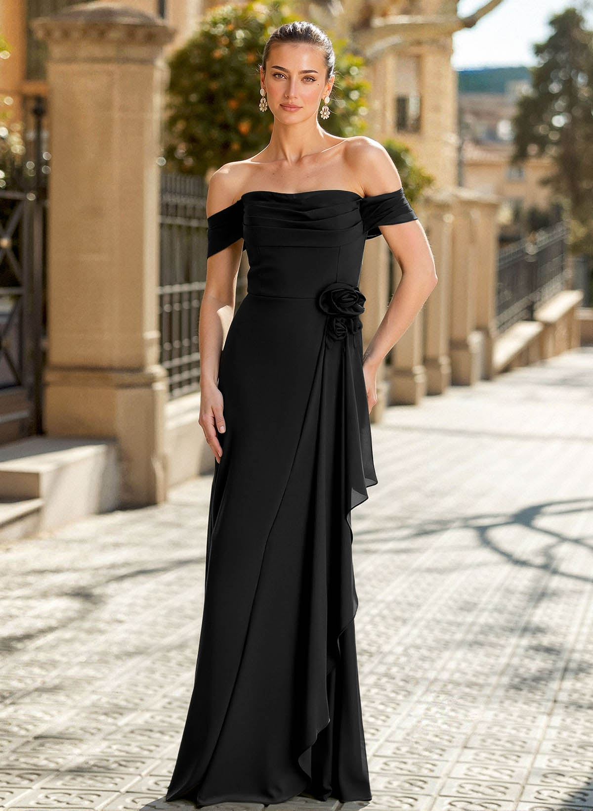 Elegant Off-The-Shoulder Sleeveless Floor-Length Chiffon Mother Of The Bride Dresses With Ruffle/Flower(s)