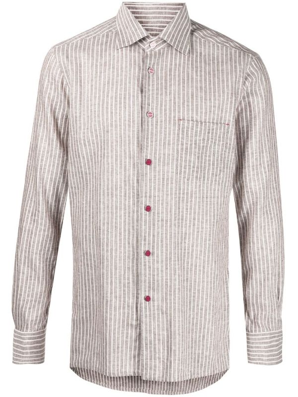 Kiton Vertical Striped Linen Blend Shirt — Beige