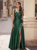A-Line V-Neck Floor-Length Satin Mother Of The Bride Dresses With Bow(s)/High Split