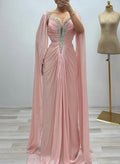 Elegant V-Neck Cape Sleeves Sweep Train Chiffon Evening Dresses With Pleated/Rhinestone