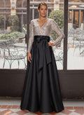 A-Line V-Neck Long Sleeves Floor-Length Satin Mother Of The Bride Dresses With Bow(s)