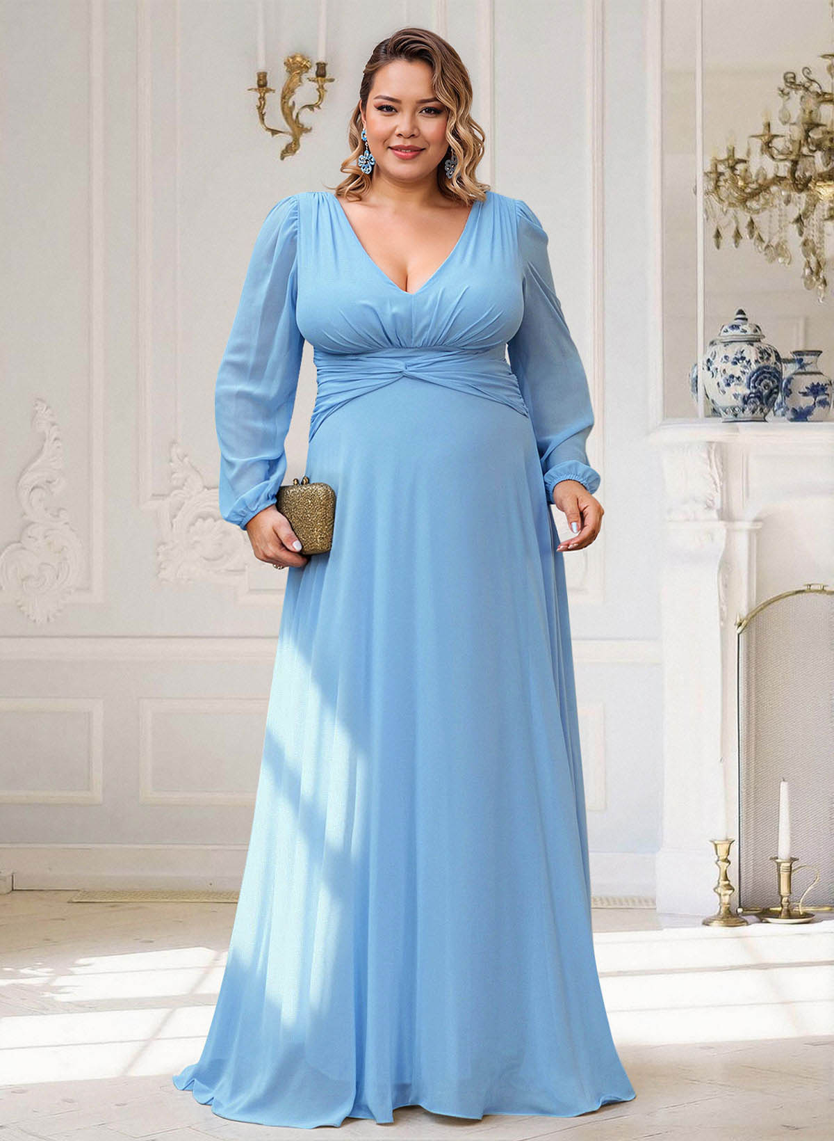 Elegant V-Neck Long Sleeves A-Line Floor-Length Chiffon Evening Dresses