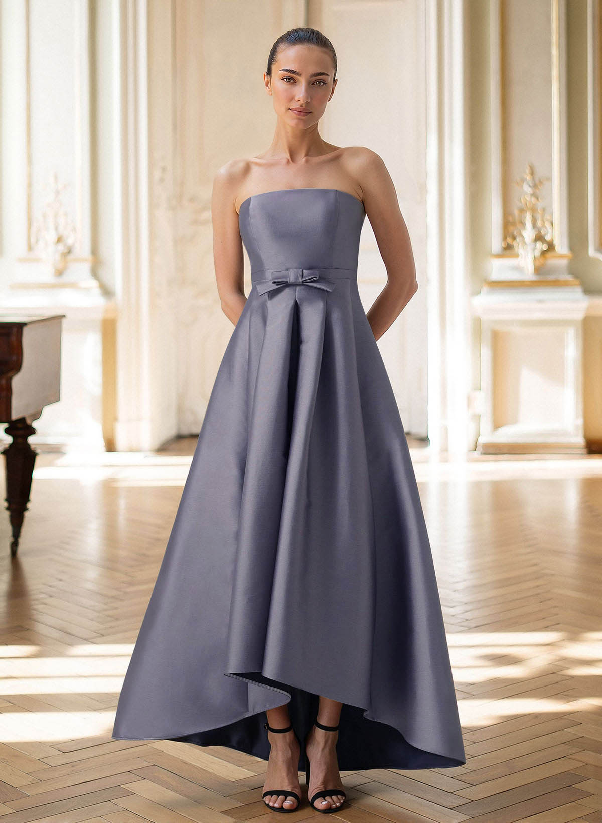 Elegant Strapless Sleeveless A-Line Asymmetrical Length Satin Mother Of The Bride Dresses With Bow(s)