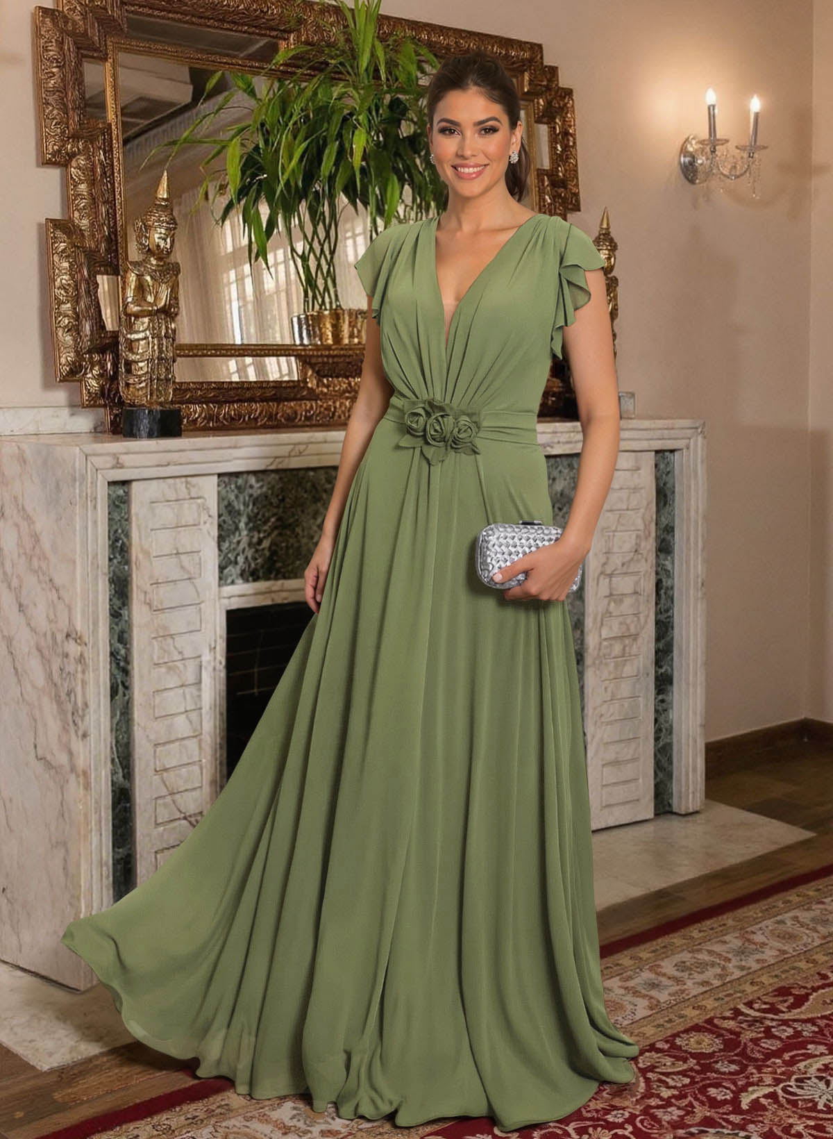 Elegant V-Neck Short Sleeves A-Line Floor-Length Chiffon Mother Of The Bride Dresses With Ruffle/Flower(s)