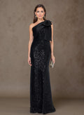 Bedazzled Curve Bow Accented One-Shoulder Satin/Sequined Evening Dresses