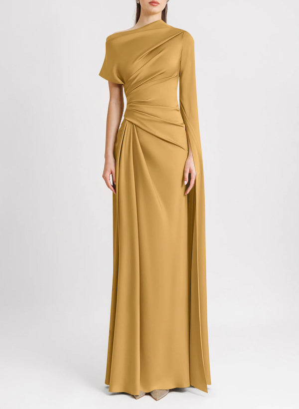 Sheath/Column Asymmetrical Short Sleeves Crepe Satin Evening Dresses