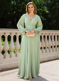 A-Line V-Neck Long Sleeves Floor-Length Chiffon Mother Of The Bride Dresses With Pleated/Sash