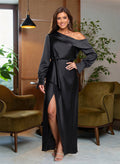A-Line Long Sleeves Floor-Length Crepe Chiffon Evening Dresses With Cascading Ruffles/High Split