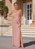 V-Neck Sleeveless Floor-Length Mother Of The Bride Dresses With Cascading Ruffles/Appliques Lace/High Split