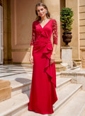 Elegant V-Neck Lace Sleeves Ruffle Elastic Satin Mother Of The Bride Dresses