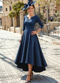 V-Neck 3/4 Sleeves Asymmetrical Satin Mother Of The Bride Dresses With Beading
