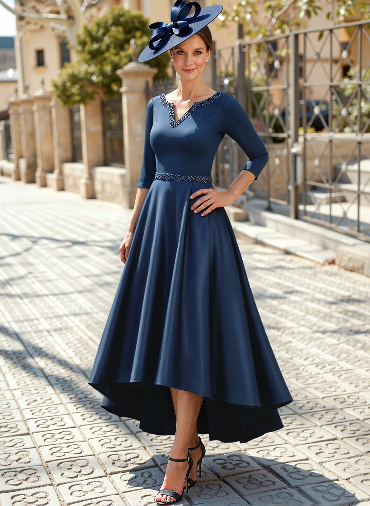 V-Neck 3/4 Sleeves Asymmetrical Satin Cocktail Dresses With Beading