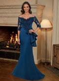Exquisite Semi Sheer Illusion Floral Embroidered Off-Shoulder Mother Of The Bride Dresses With Ruffled Waist