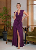 V-Neck Cape Sleeves Floor-Length Jersey Mother Of The Bride Dresses With Split Front/Pleated