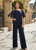 Classy Asymmetrical Short Sleeves Chiffon Mother Of The Bride Dresses With Ruffle