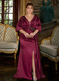 Sheath/Column V-Neck 1/2 Sleeves Charmeuse Mother Of The Bride Dresses With Split Front