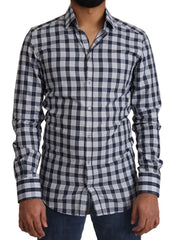 Men's Blue White Check Cotton Slim Fit Gold Shirt And