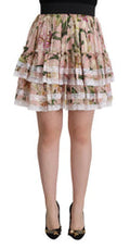 Women's Pink Lily Print Silk Mini Tiered A-Line Skirt Cotton Nylon
