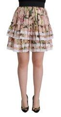 Women's Pink Lily Print Silk Mini Tiered A-Line Skirt Cotton Nylon