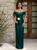 Sheath/Column Off-The-Shoulder Floor-Length Satin Bridesmaid Dresses With Bow(s)