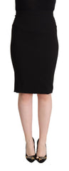Women's Black High Waist Knee Length Pencil Cut Skirt Viscose Acetate Spandex