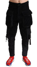 Men's Black Cotton Skinny Corduroy Cargo Pants Nylon