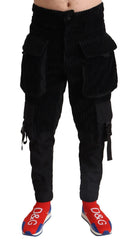 Men's Black Cotton Skinny Corduroy Cargo Pants Nylon