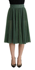 Women's Metallic Green High Waist A-Line Pleated Skirt Polyester Cotton