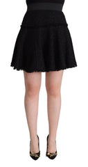 Women's Black Knitted Nylon High Waist Mini A-Line Skirt